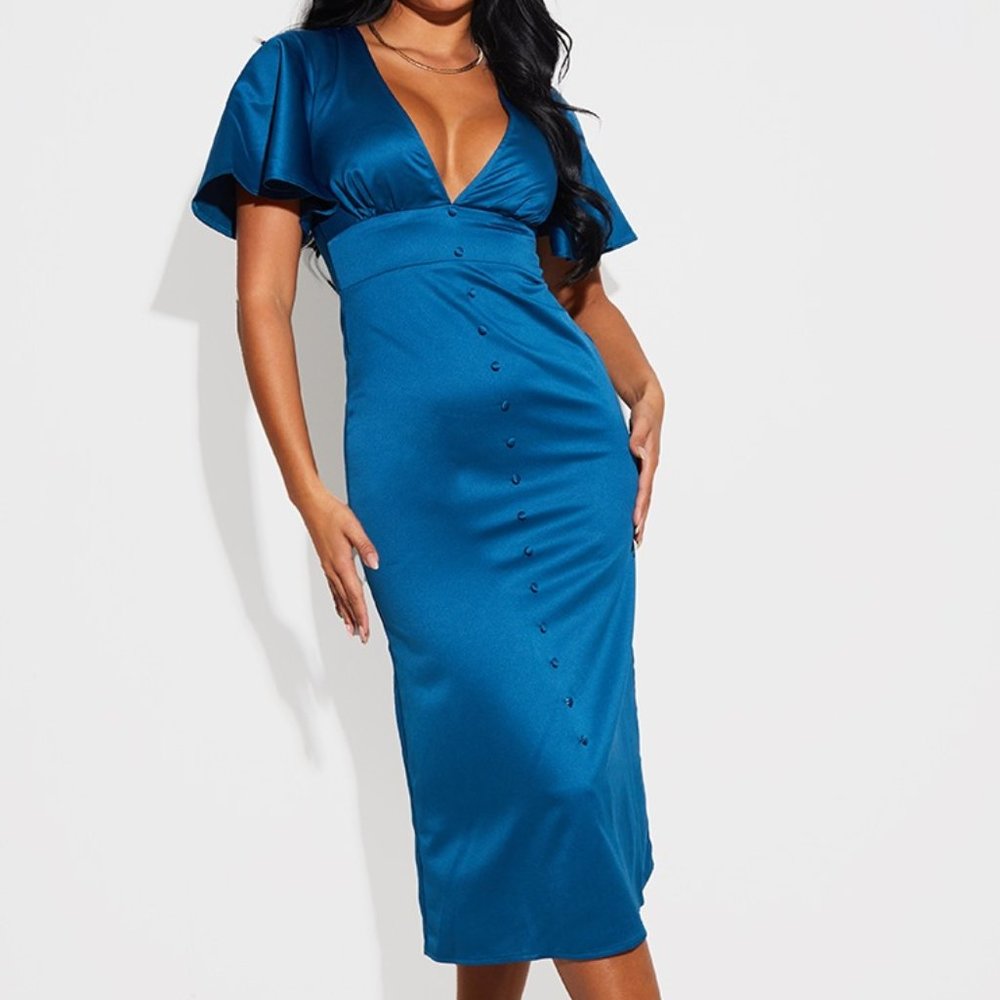 Pretty Little Thing Navy Teal Satin Plunge Button Detail Midi Dress Size 6 NWT